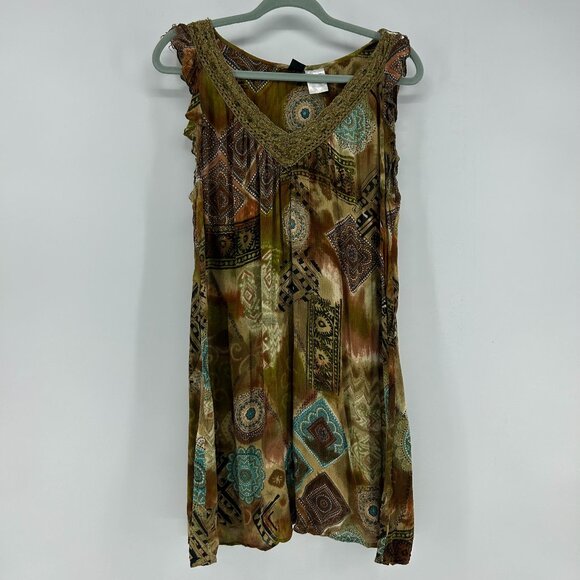 Bila Dresses & Skirts - Y2K Bohemian Boho Beaded Mini Dress Women's L Brown Green Sleeveless Lightweight